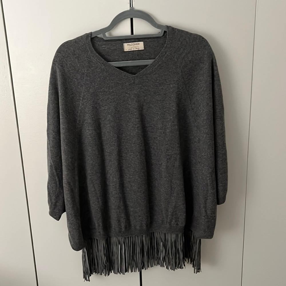 Falconeri Cashmere charcoal gray poncho sweater with fringe details size S/M
